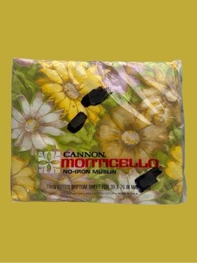 Vintage Cannon Monticello Green Floral Twin Fitted Bottom Sheet New Old Stock